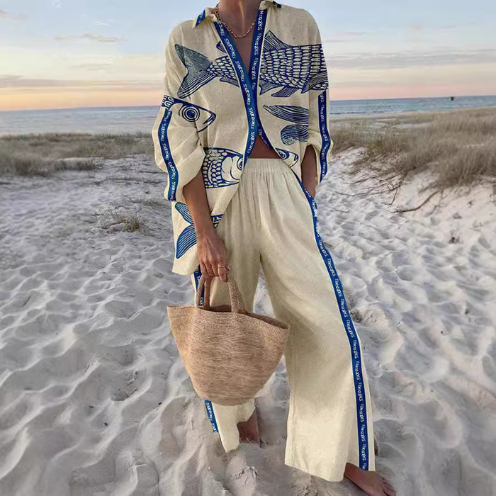 Yazette™ | Blue Fish Print Linen Set