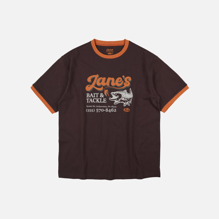 ZANE'S BAIT & TACKLE RINGER T-SHIRT - BROWN