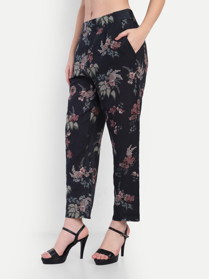 Women’s black floral Zibu pants with straight fit and high waist design