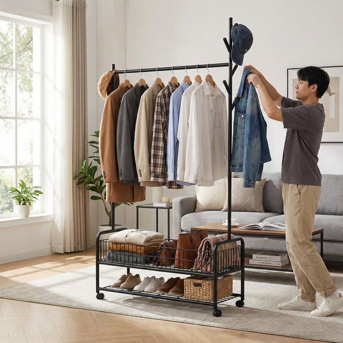 ZYRA Cloth Hanger Rail with Storage Basket